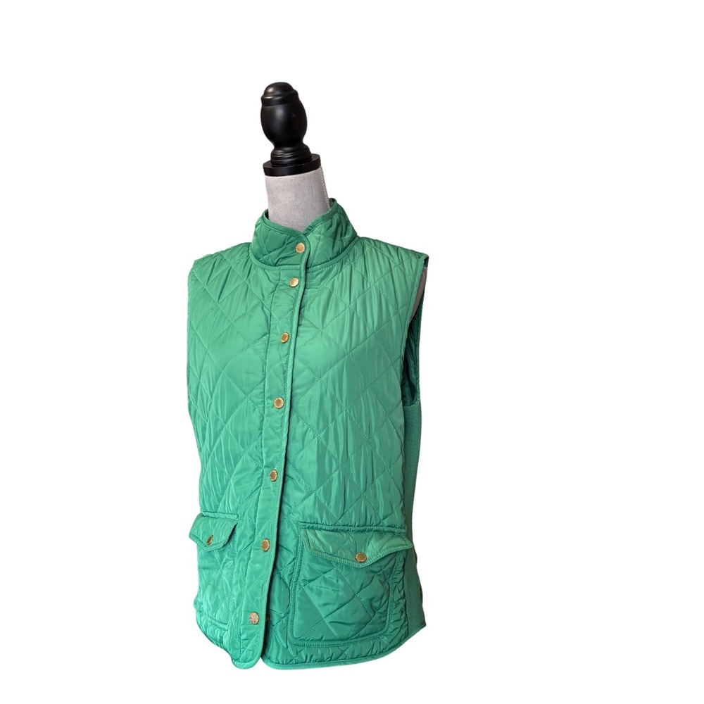 Max Studio Green Quilted Puffer Vest Gold Snaps Ribbed Sides Womens Large